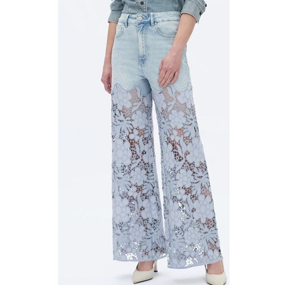 Bayeas Denim - Bayeas High Waist Crystal Embellished Lace Wide Leg Jeans 26 Lesley Blue Boho